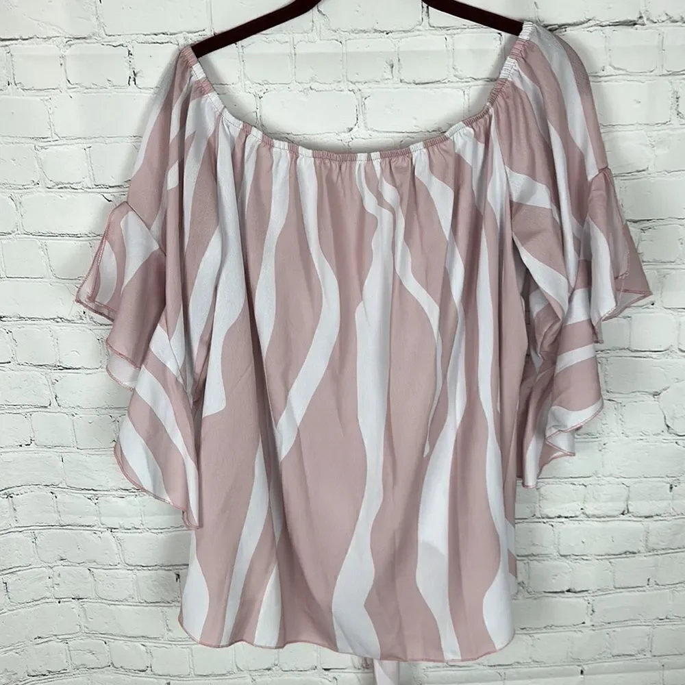 Asvivid Pink & White Off The Shoulder Top Flare Sleeve Tie Knot Blouses Size 2X